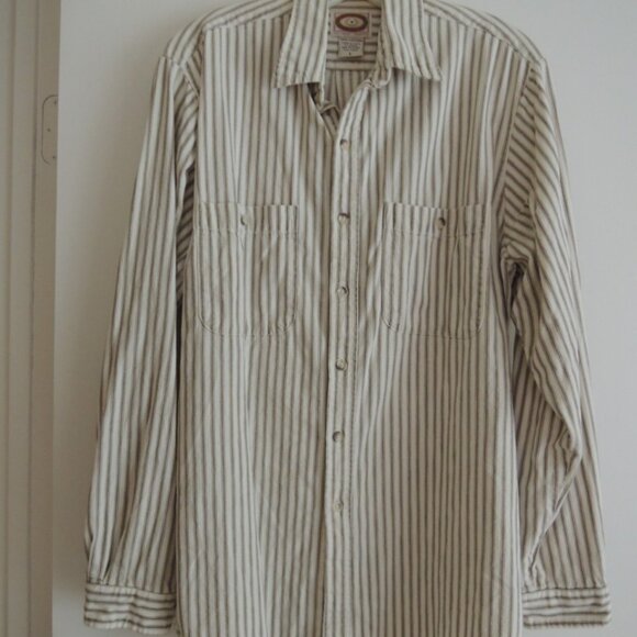 Banana Republic Shirt Size M Off White + Tan Cotton Ticking L/S - Vtg 80s Label - Picture 1 of 8